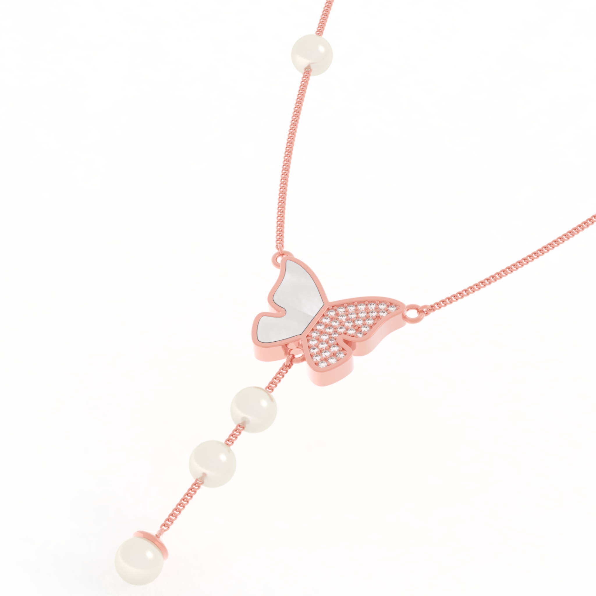 Adorable Butterfly Pearl Y Shape Necklace, Hallmarked 925 Sterling Silver